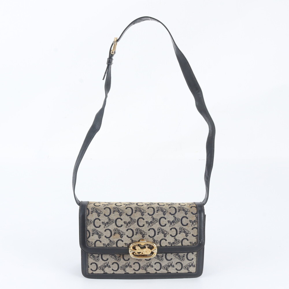 Celine Sulky Canvas Carriage Hardware Leather Shoulder Bag, Navy Blue, Women's